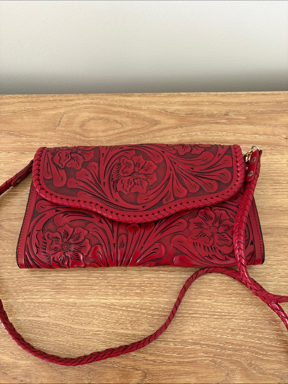 Hand-Tooled Red Leather Crossbody Bag